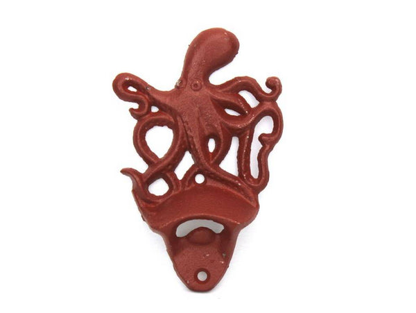 Rustic Red Cast Iron Wall Mounted Octopus Bottle Opener 6"