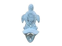 Dark Blue Whitewashed Cast Iron Wall Mounted Sea Turtle Bottle Opener 6"