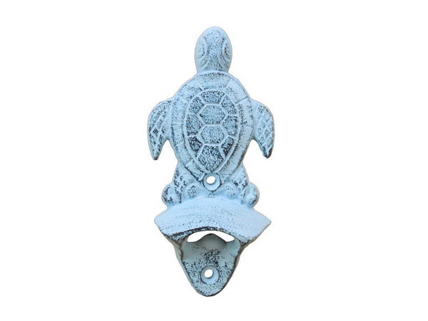 Dark Blue Whitewashed Cast Iron Wall Mounted Sea Turtle Bottle Opener 6"