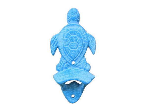 Light Blue Whitewashed Cast Iron Wall Mounted Sea Turtle Bottle Opener 6"