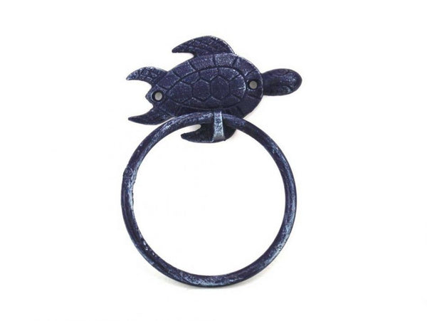 Rustic Dark Blue Cast Iron Sea Turtle Towel Holder 7"
