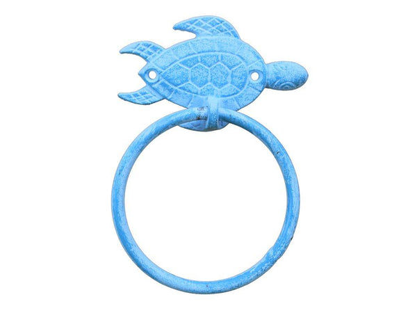 Light Blue Whitewashed Cast Iron Sea Turtle Towel Holder 7"