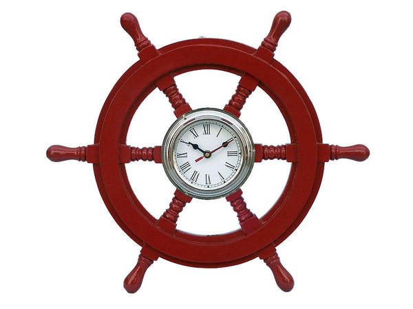 Deluxe Class Red Wood and Chrome Pirate Ship Wheel Clock 18"