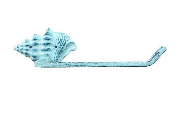 Rustic Dark Blue Whitewashed Cast Iron Conch Shell Toilet Paper Holder 11"