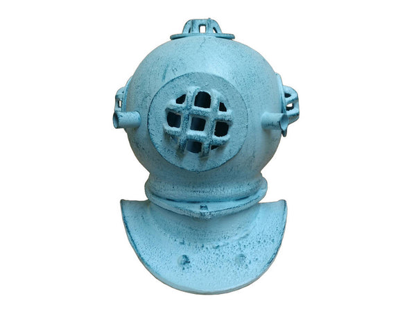 Rustic Dark Blue Whitewashed Cast Iron Decorative Divers Helmet 9"