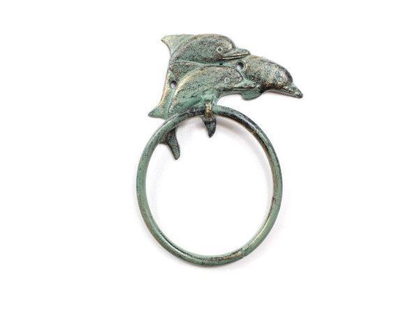 Antique Seaworn Bronze Cast Iron Dolphins Towel Holder 7"