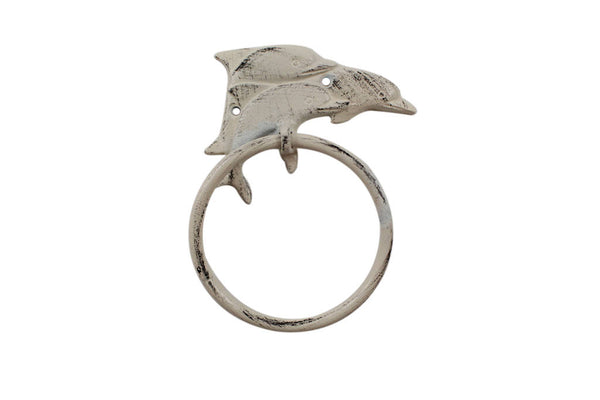 Whitewashed Cast Iron Dolphins Towel Holder 7"