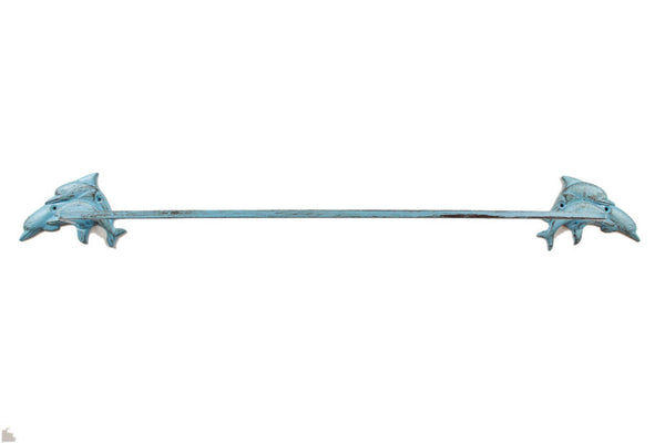 Rustic Light Blue Cast Iron Decorative Dolphins Bath Towel Holder 29"