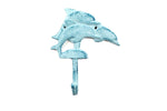 Rustic Dark Blue Whitewashed Cast Iron Dolphins Wall Hook 6"