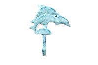 Rustic Dark Blue Whitewashed Cast Iron Dolphins Wall Hook 6"