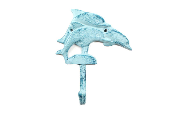 Rustic Dark Blue Whitewashed Cast Iron Dolphins Wall Hook 6"