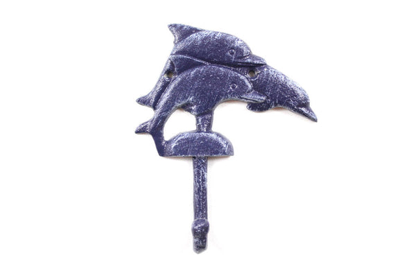Rustic Dark Blue Cast Iron Dolphins Wall Hook 6"