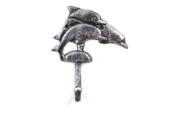 Rustic Silver Cast Iron Dolphins Wall Hook 6"