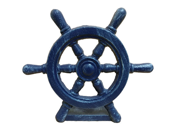 Rustic Dark Blue Cast Iron Ship Wheel Door Stopper 9"