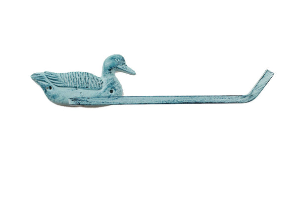 Rustic Dark Blue Whitewashed Cast Iron Mallard Duck Toilet Paper Holder 10"