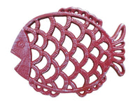 Rustic Red Whitewashed Cast Iron Big Fish Trivet 8"