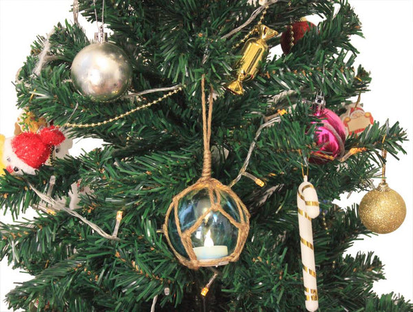 LED Lighted Light blue Japanese Glass Ball Fishing Float with Brown Netting Christmas Tree Ornament 4"