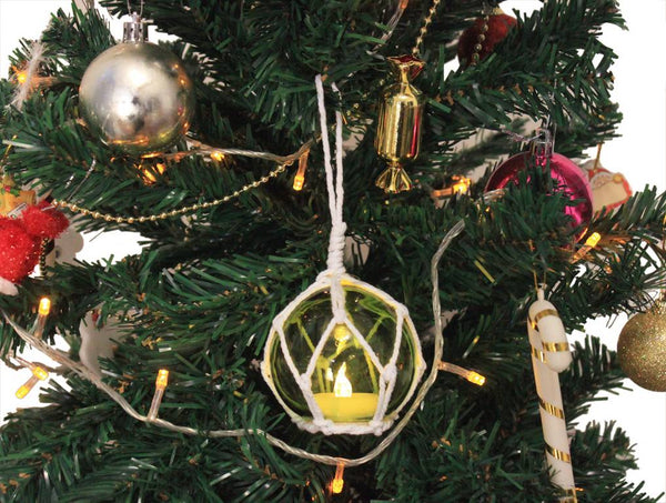 LED Lighted Green Japanese Glass Ball Fishing Float with White Netting Christmas Tree Ornament 3"