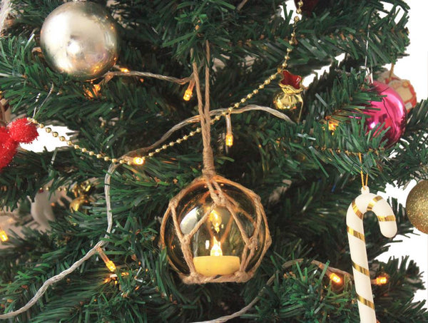 LED Lighted Amber Japanese Glass Ball Fishing Float with Brown Netting Christmas Tree Ornament 3"
