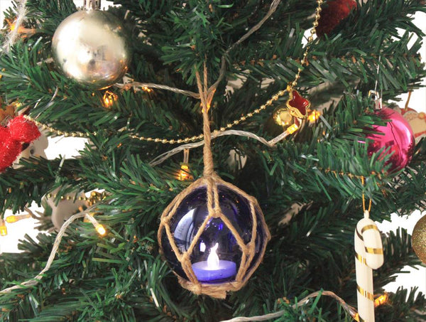 LED Lighted Dark Blue Japanese Glass Ball Fishing Float with Brown Netting Christmas Tree Ornament 3"