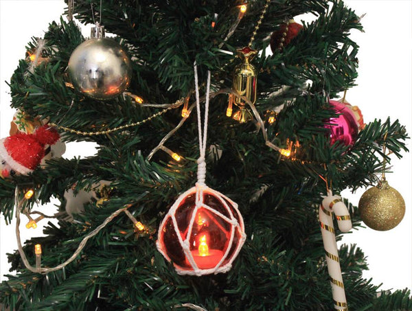 LED Lighted Orange Japanese Glass Ball Fishing Float with White Netting Christmas Tree Ornament 3"