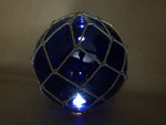 Tabletop LED Lighted Dark Blue Japanese Glass Ball Fishing Float with Brown Netting Decoration 10"