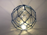 Tabletop LED Lighted Clear Japanese Glass Ball Fishing Float with Blue Netting Decoration 10"