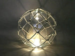 Tabletop LED Lighted Clear Japanese Glass Ball Fishing Float with White Netting Decoration 10"
