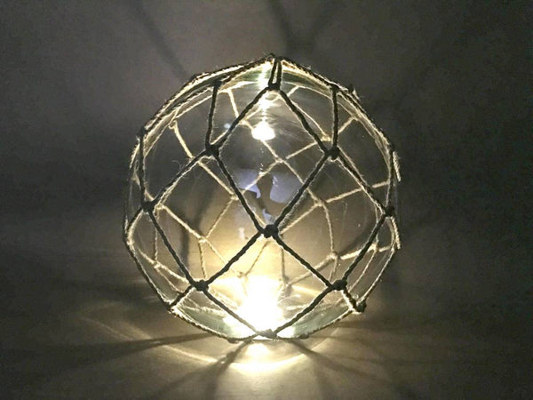 Tabletop LED Lighted Clear Japanese Glass Ball Fishing Float with White Netting Decoration 10"
