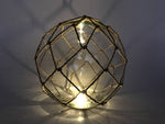 Tabletop LED Lighted Clear Japanese Glass Ball Fishing Float with Brown Netting Decoration 10"