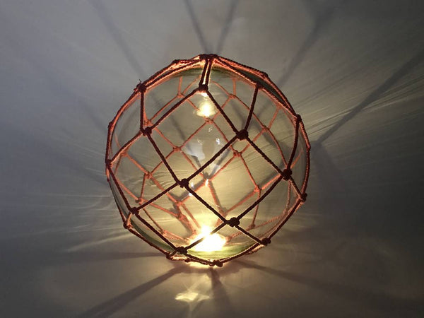Tabletop LED Lighted Clear Japanese Glass Ball Fishing Float with Red Netting Decoration 10"