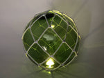 Tabletop LED Lighted Green Japanese Glass Ball Fishing Float with White Netting Decoration 10"