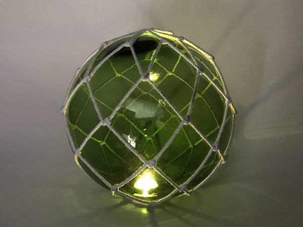 Tabletop LED Lighted Green Japanese Glass Ball Fishing Float with White Netting Decoration 10"