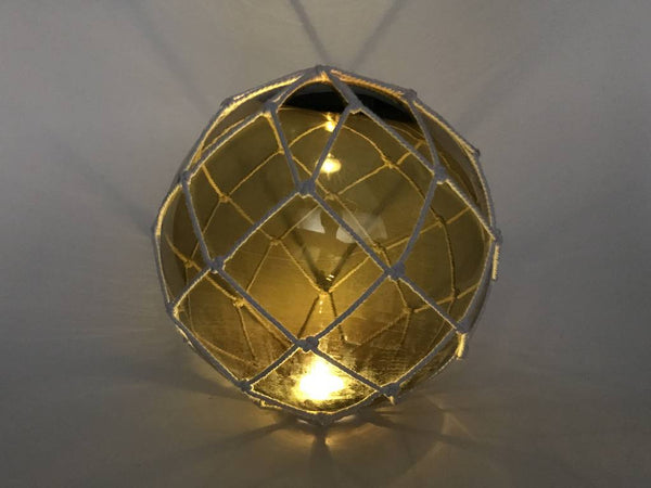 Tabletop LED Lighted Amber Japanese Glass Ball Fishing Float with White Netting Decoration 10"
