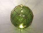 Tabletop LED Lighted Green Japanese Glass Ball Fishing Float with Brown Netting Decoration 10"