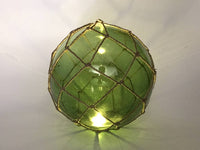 Tabletop LED Lighted Green Japanese Glass Ball Fishing Float with Brown Netting Decoration 10"