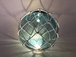 Tabletop LED Lighted Light Blue Japanese Glass Ball Fishing Float with White Netting Decoration 10"