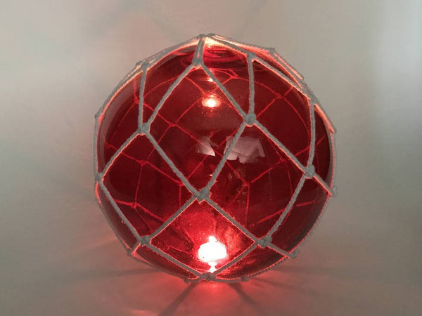 Tabletop LED Lighted Red Japanese Glass Ball Fishing Float with White Netting Decoration 10"
