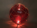Tabletop LED Lighted Red Japanese Glass Ball Fishing Float with Brown Netting Decoration 10"