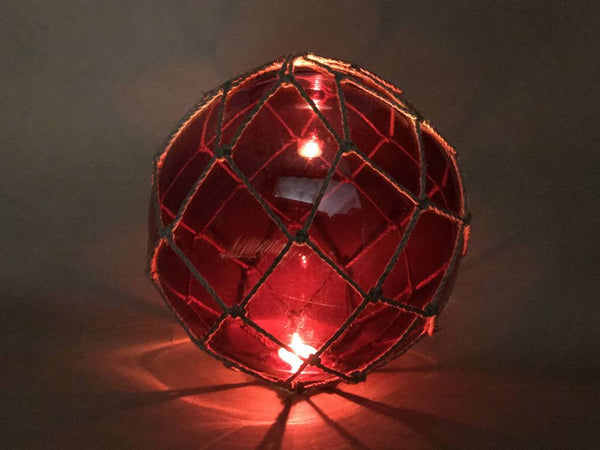 Tabletop LED Lighted Red Japanese Glass Ball Fishing Float with Brown Netting Decoration 10"