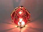 Tabletop LED Lighted Red Japanese Glass Ball Fishing Float with Brown Netting Decoration 4"