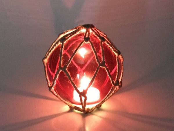 Tabletop LED Lighted Red Japanese Glass Ball Fishing Float with Brown Netting Decoration 4"