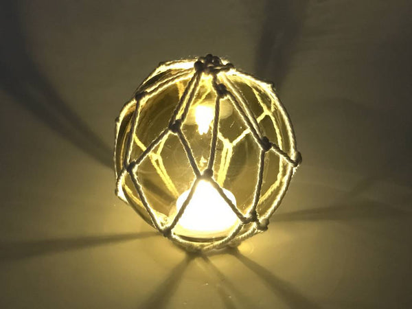 Tabletop LED Lighted Amber Japanese Glass Ball Fishing Float with White Netting Decoration 4"