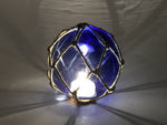 Tabletop LED Lighted Dark Blue Japanese Glass Ball Fishing Float with Brown Netting Decoration 4"