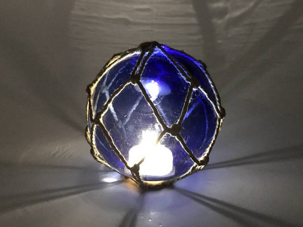 Tabletop LED Lighted Dark Blue Japanese Glass Ball Fishing Float with Brown Netting Decoration 4"