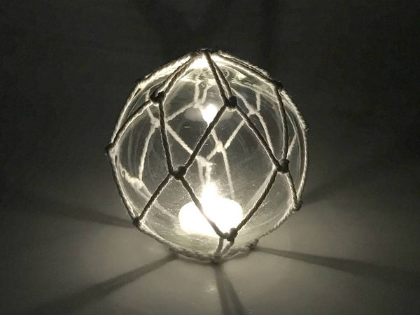 Tabletop LED Lighted Clear Japanese Glass Ball Fishing Float with White Netting Decoration 4"
