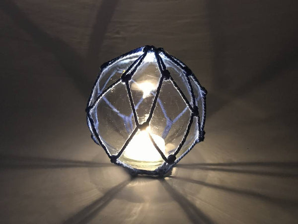 Tabletop LED Lighted Clear Japanese Glass Ball Fishing Float with Blue Netting Decoration 4"