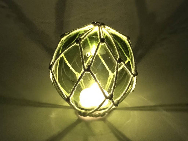 Tabletop LED Lighted Green Japanese Glass Ball Fishing Float with White Netting Decoration 4"