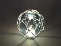 Tabletop LED Lighted Light Blue Japanese Glass Ball Fishing Float with White Netting Decoration 4"
