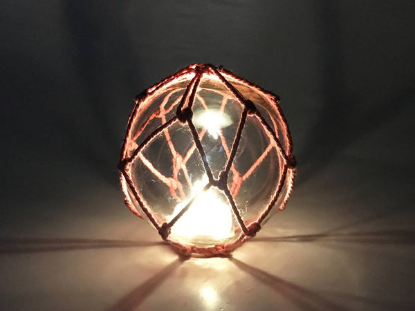 Tabletop LED Lighted Clear Japanese Glass Ball Fishing Float with Red Netting Decoration 4"
